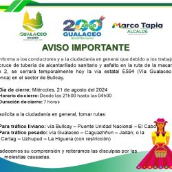Municipio de Gualaceo comunica a la ciudadanía sobre cierre vial de la Estata 594 (vía Gualaceo – Cuenca), sector Bullcay